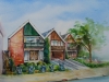 Aquarel Rij met huizen in opdracht geschilderd