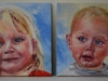 Olieverf tweeluik in opdracht 14 x 14 cm per paneeltje van twee kinder portretjes.